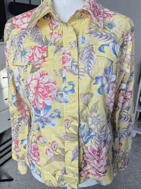 Iris Singer Collection Vintage Tropical Floral Button Front Shirt Size 10 Yellow